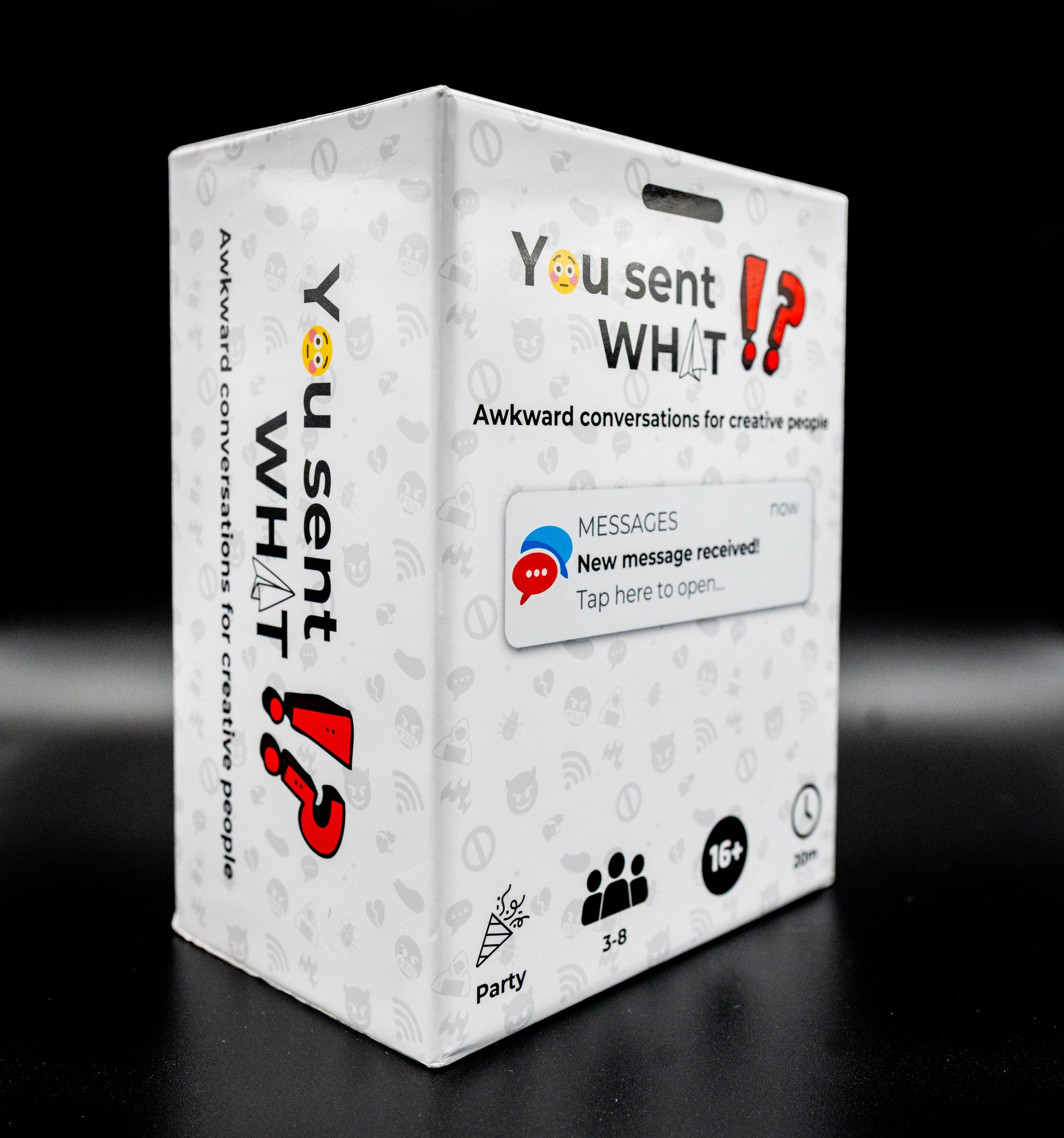 Front side of the You Sent What!? party card game box showing sample cards, funny text combinations, and social media links for creative game night fun.