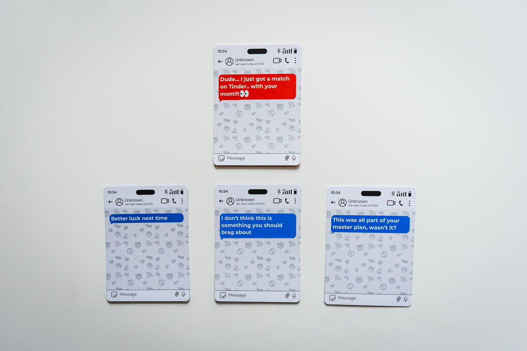 Combination of cards from the party card game You Sent What!? showing a funny incoming message and creative reply cards for game night fun.