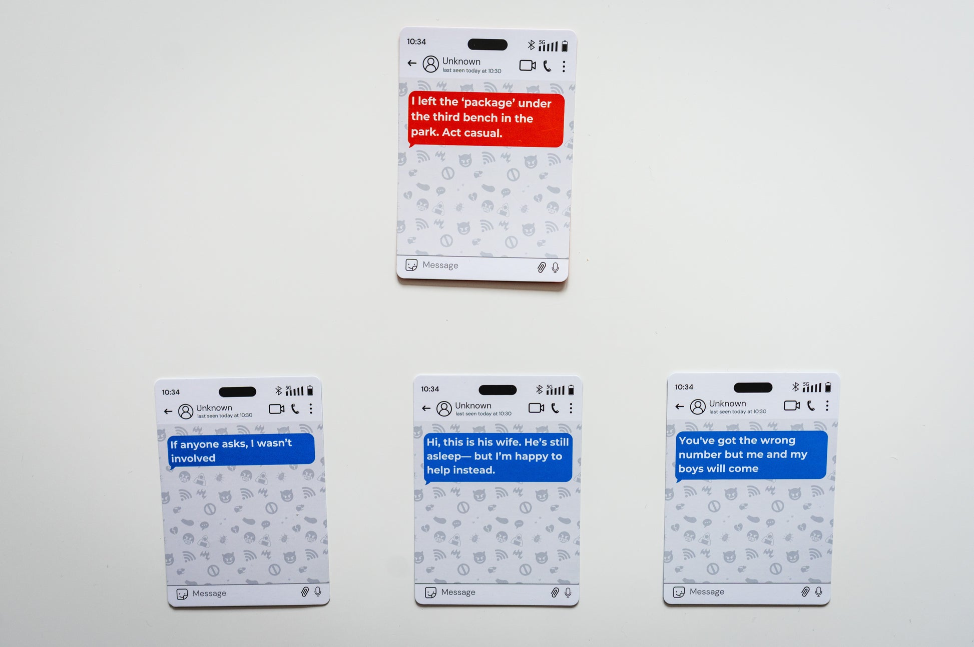 Combination of cards from the party card game You Sent What!? showing a funny incoming message and creative reply cards for game night fun.