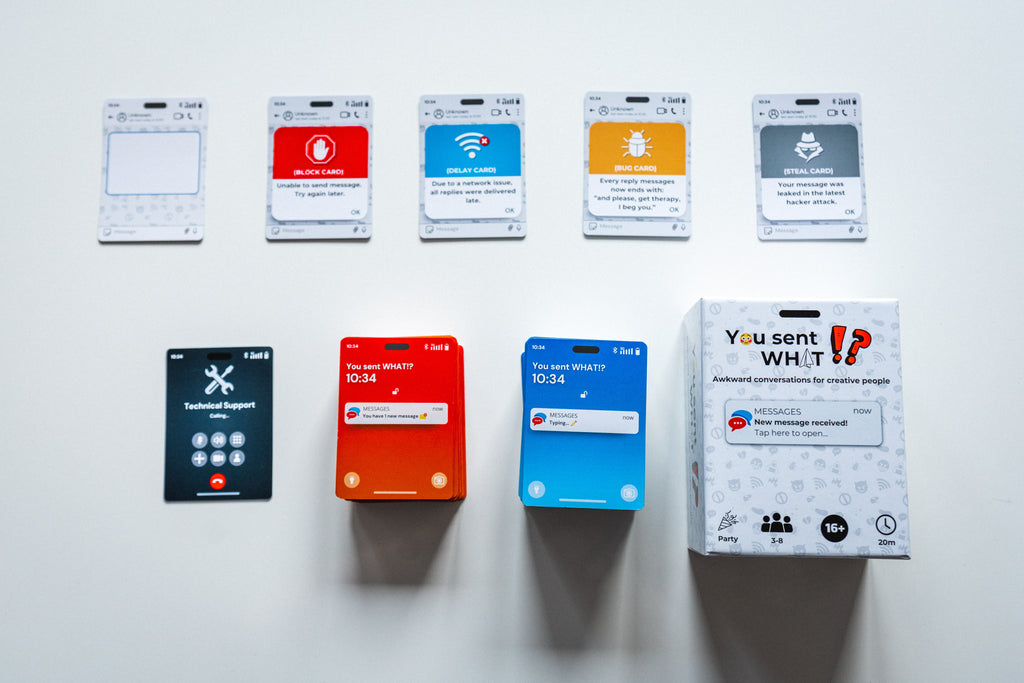 Full contents of You Sent What!? party card game — includes special cards, reply and incoming cards, technical support cards, and game box for fun game nights