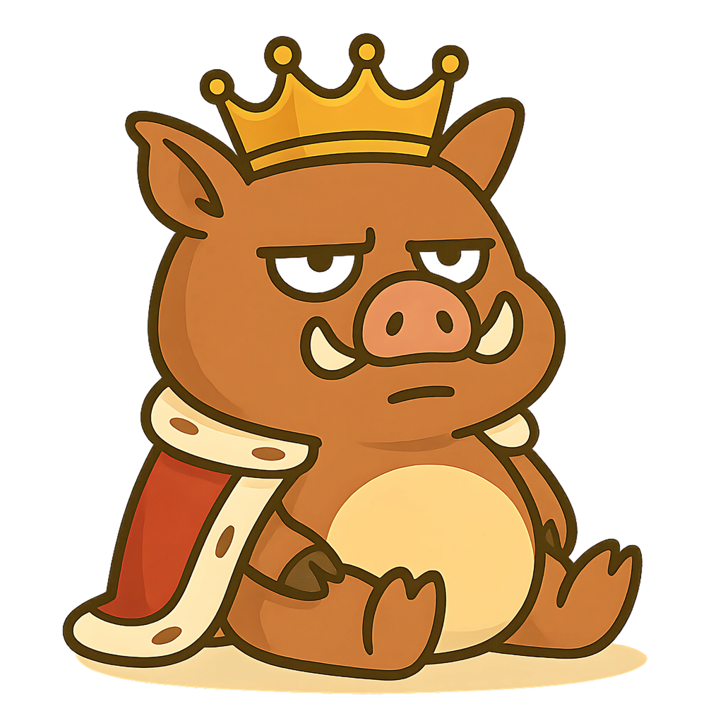 Cartoon boar mascot wearing a crown and royal cape on transparent background — playful character design for board and card game brand.
