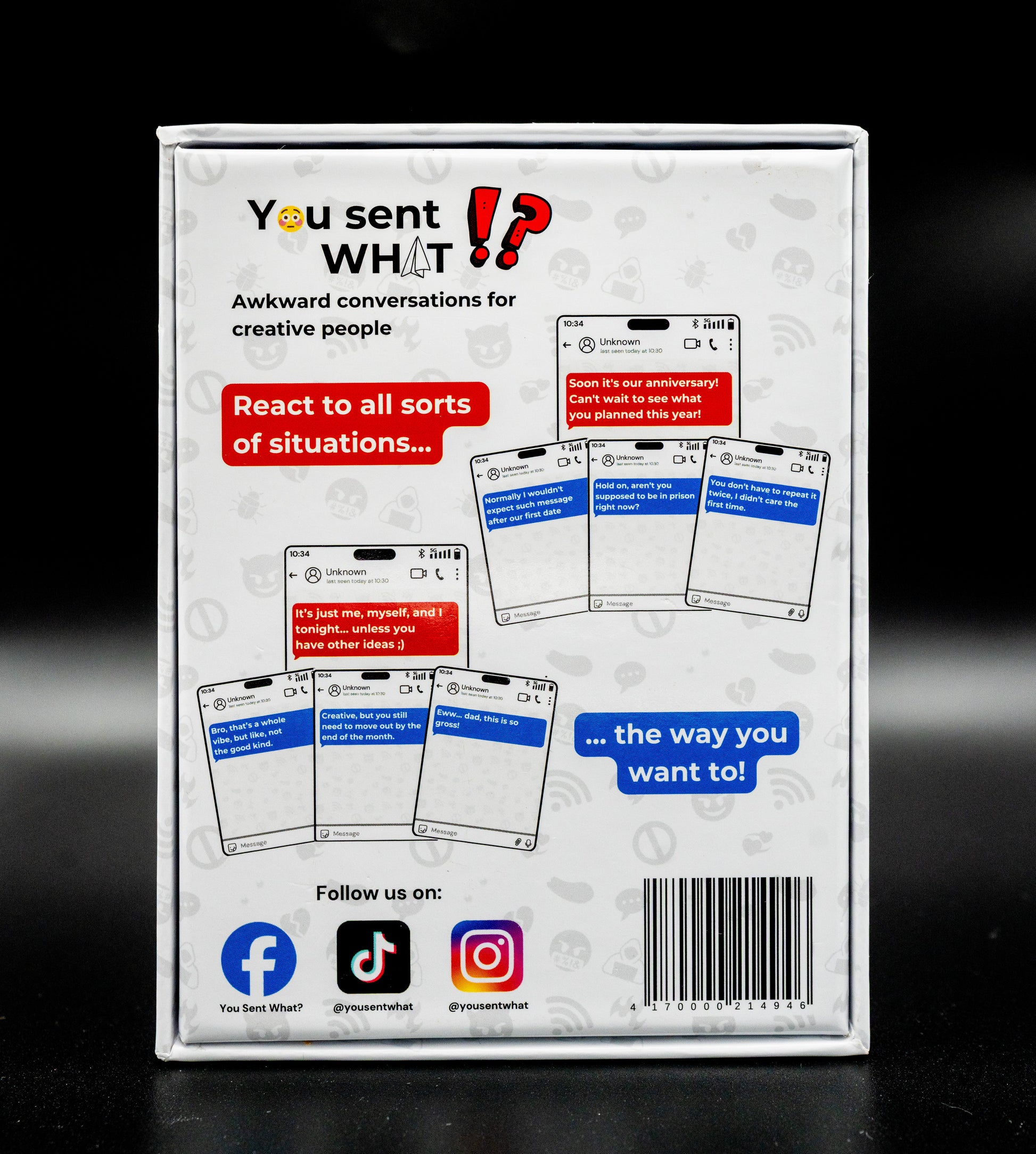 Back of the You Sent What!? party card game box showing sample cards, funny text combinations, and social media links for creative game night fun.
