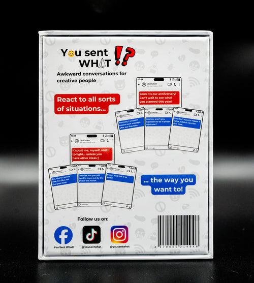 Back of the You Sent What!? party card game box showing sample cards, funny text combinations, and social media links for creative game night fun.